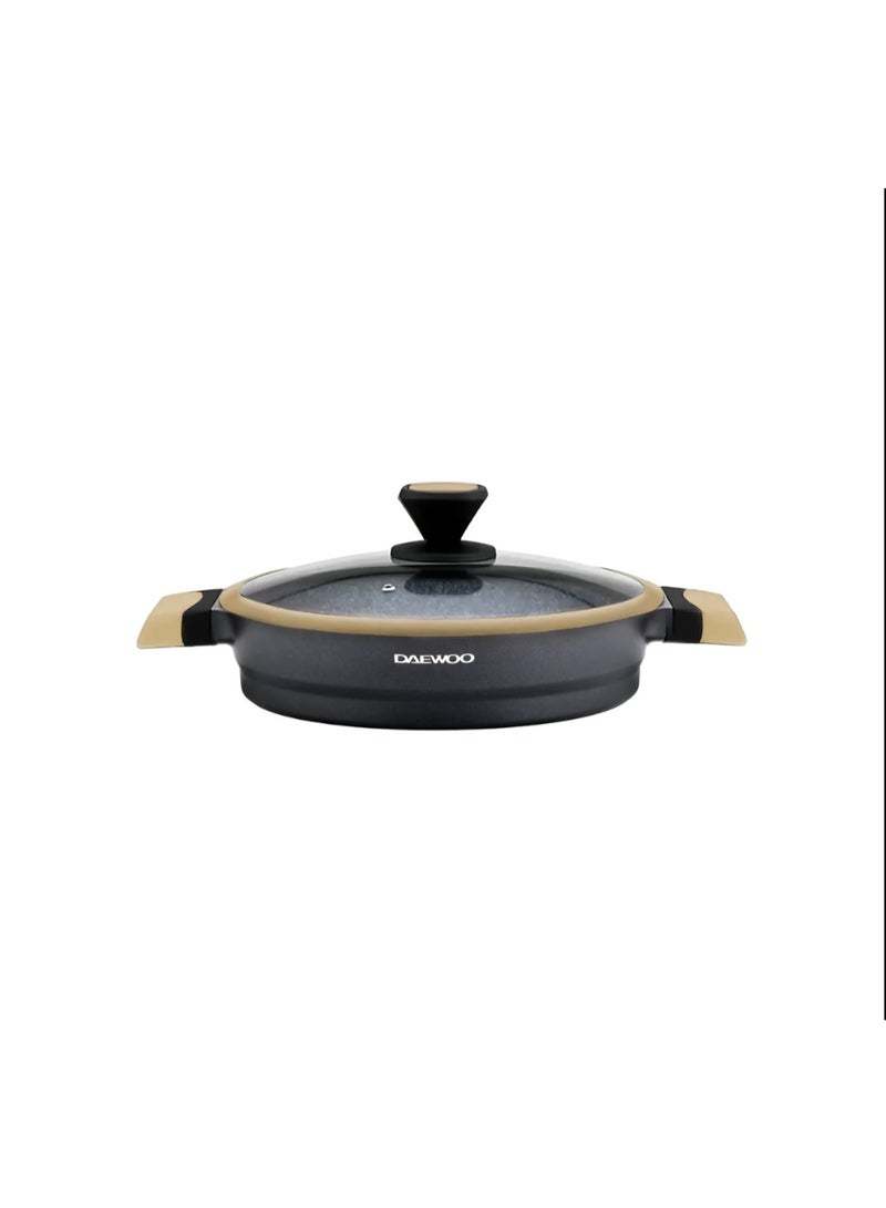 دايو قدر دايو جرانيت ضحل 28 سم مع غطاء | مصنوع من الألومنيوم المصبوب، 5 طبقات مانعة للالتصاق، متوافق مع المواقد الحثية، مقاوم للحرارة من الخارج | أسود وبني - Image 1